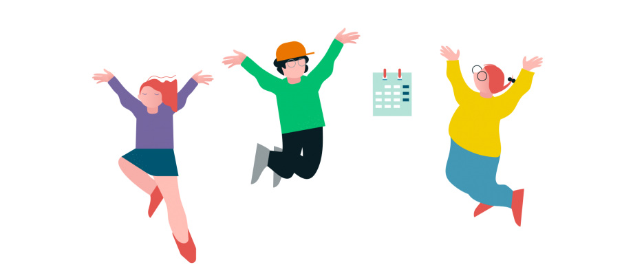 Kinder springen vor einem Kalender in die Luft