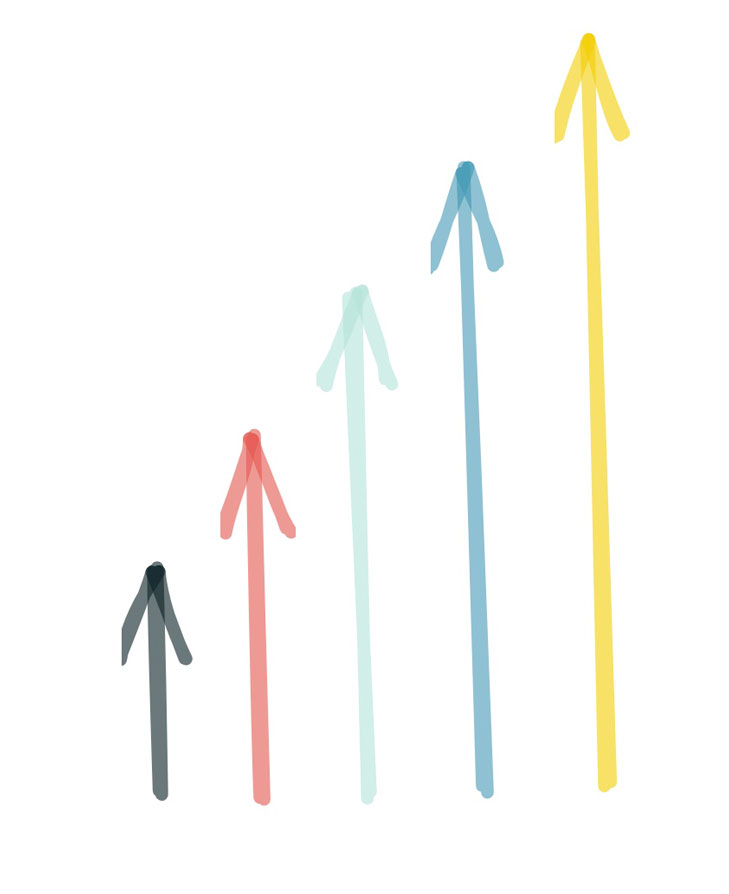 Fünf farbige Pfeile sind nach Größe geordnet und symbolisieren so das Kennenlernspiel Gruppen und Reihen für die Schule.