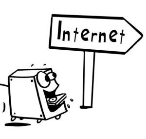 Wir sehen eine Illustration eines Computers, daneben steht ein Schild mit der Aufschrift Internet. Die Arbeitsblätter für Informatik behandeln verschiedene Aspekte rund ums Internet.