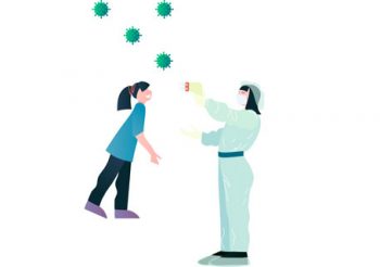 Eine Illustration zeigt eine Frau in einem Schutzanzug, die bei einem Mädchen Fieber misst. Darüber schweben Modellansichten von Viren.