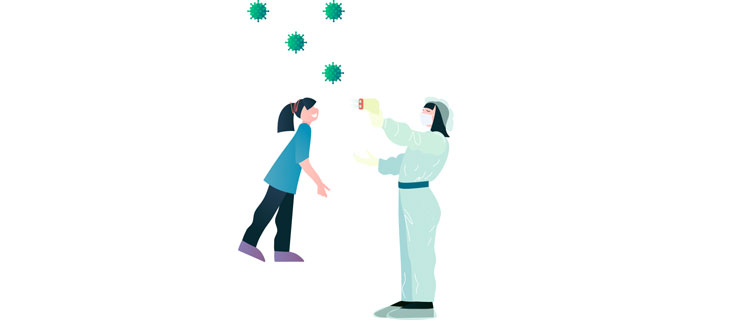 Eine Illustration zeigt eine Frau in einem Schutzanzug, die bei einem Mädchen Fieber misst. Darüber schweben Modellansichten von Viren.