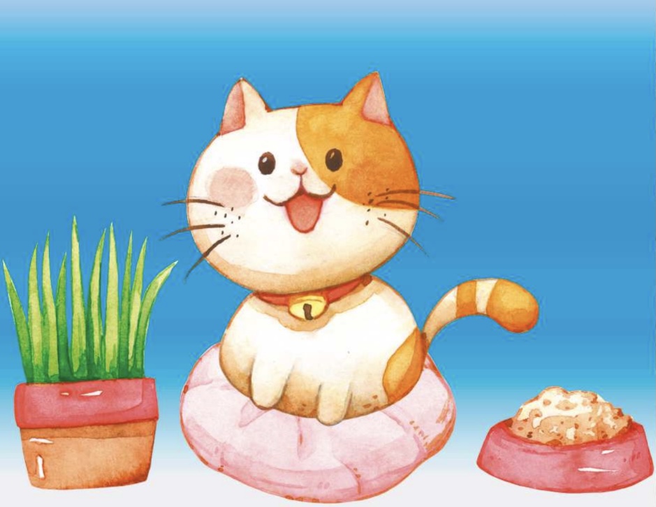 Illustration einer Katze, die auf einem Kissen sitzt, links steht eine Pflanze und rechts ein Fressnapf