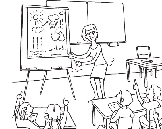 Illustration einer Lehrerin, die vor der Tafel unterrichtet. Die SchülerInnen lachen und heben ihre Hände.