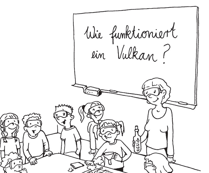 Illustration einer Referendarin und ihrer Klasse, auf der Tafel steht der Fragesatz “Wie funktioniert ein Vulkan”