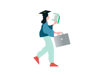 Frau mit Doktorhut, Tasche und Buch in der Hand